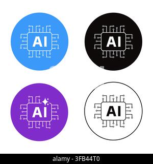 Outline icon set of 4 AI processor chips featuring circuit board patterns in flat and line art styles for technology design Stock Vector