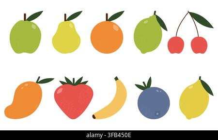 Flat icon set of 10 fresh fruits featuring apple, pear, orange, mango, strawberry, banana, blueberry and lemon for food design Stock Vector
