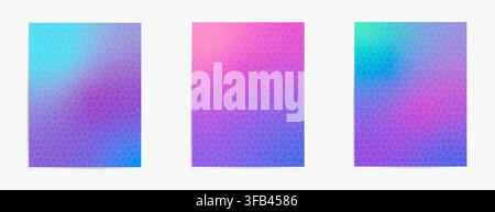 Flat gradient background set of 3 featuring holographic mosaic cracked glass texture in vibrant purple pink and teal for modern design Stock Vector