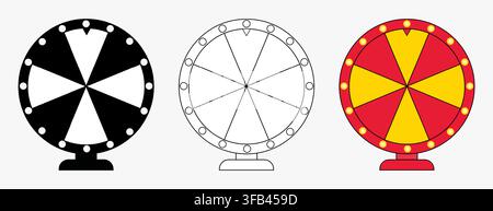 Flat icon set of 3 fortune wheel variations featuring black silhouette, outline and colorful carnival styles for game and casino design Stock Vector
