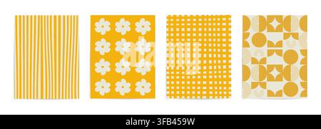 Flat pattern set of 4 featuring retro stripes, daisy flowers, gingham check and geometric shapes for modern surface design Stock Vector