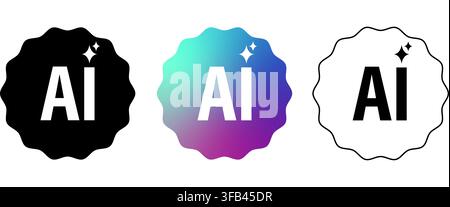 Flat badge set of 3 AI labels featuring solid, gradient and outline styles for technology and branding design Stock Vector