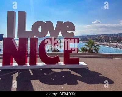 I Love Nice sign on the Promenade Des Anglais in Nice, France. Stock Photo