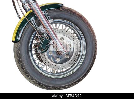 Motorcycle wheel on white background, intricate details, metallic components, dark tire, polished chrome rim, green fender, clean professional style, Stock Photo