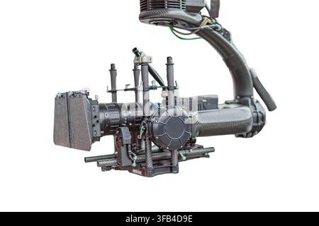 Camera rig with high-end camera, various accessories, intricate design, matte box, handles, knobs, durable materials, white background, professional p Stock Photo