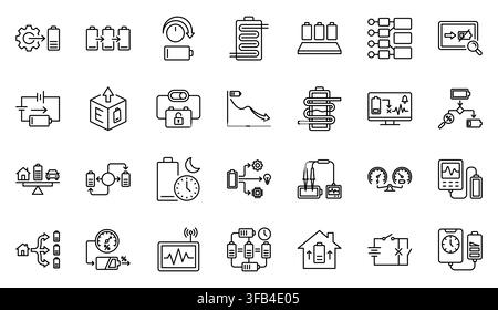 Battery management system and energy storage linear outline icon set Stock Vector