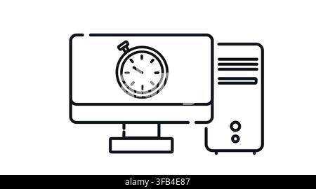 Desktop computer tower and monitor with stopwatch speed symbol on screen vector icon. Black line art style on white background. Stock Vector