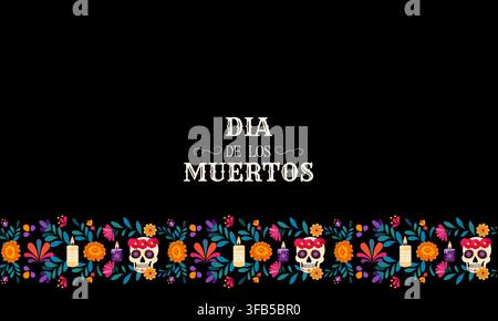 Celebrating Dia de los Muertos: A Colorful Tribute to Life and Death with Sugar Skulls and Vibrant Floral Decorations Stock Vector