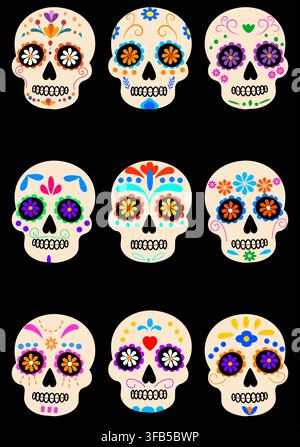 Colorful Sugar Skulls Featuring Intricate Floral Designs Celebrating Life and Memory in a Festive Artistic Display Stock Vector