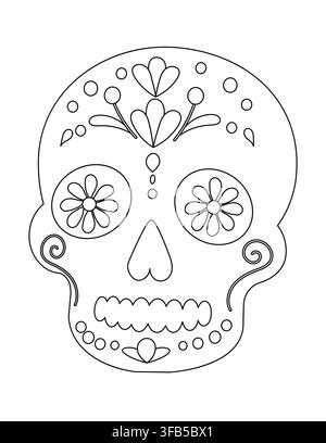 Intricate Line Art Design of a Decorative Skull Featuring Floral Patterns and Geometric Elements, Perfect for Coloring and Artistic Expression Stock Vector