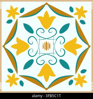 Vibrant Floral Design Featuring Symmetrical Patterns with Yellows and Teals Set Against a Light Background for Artistic Inspiration and Home Decor Stock Vector