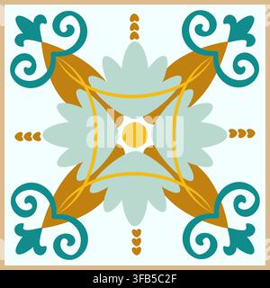 Intricate Geometric Pattern Featuring Leafy Shapes and Curved Lines in a Colorful Symmetric Design Stock Vector