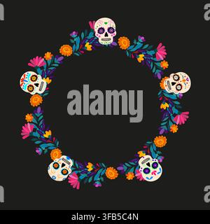 Colorful Floral Wreath Featuring Decorative Skulls, Symbolizing Celebration and Remembering Loved Ones in a Vibrant, Artistic Style Stock Vector