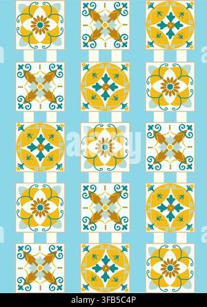 Colorful Patterned Tiles Featuring Floral Designs with Intricate Geometric Elements and a Harmonious Color Palette of Blues, Yellows, and Whites Stock Vector