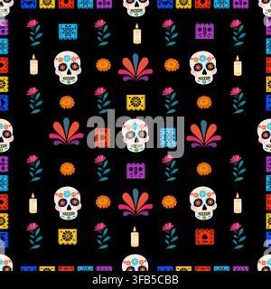 Colorful Sugar Skulls and Floral Patterns Celebrating Life and Death with Candles in a Vivid and Intricate Design for Festive Occasions Stock Vector