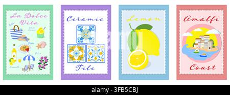Explore the Vibrant Italian Aesthetic Through Illustrative Art Featuring Ceramics, Lemons, and Coastal Relaxation Inspirations Stock Vector