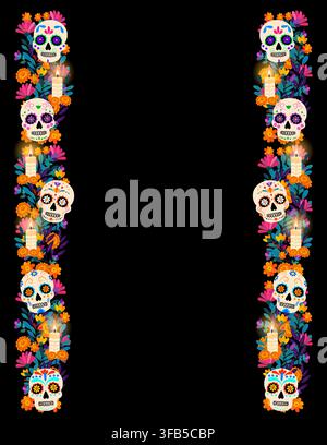 Colorful sugar skull and floral memorial border with candles and folk-art decorations arranged as symmetrical vertical panels on a black background Stock Vector