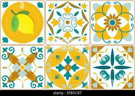 A Colorful Collection of Decorative Tile Patterns Featuring Lemons and Floral Motifs in Vibrant Yellow and Teal Hues Stock Vector