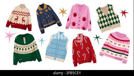 Cozy winter sweater collection with Christmas patterns isolated on white background vector set flat Stock Vector