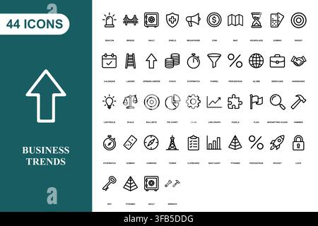 A comprehensive collection of forty four professional business and finance line art icons for modern digital projects. Stock Vector