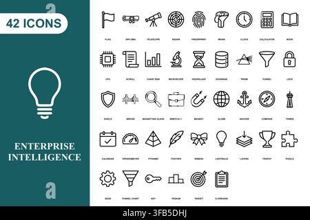 A comprehensive collection of forty two outline icons for business, technology, and enterprise intelligence projects. Stock Vector