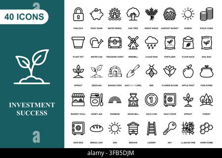 A collection of forty line art icons covering farming, gardening, and financial growth concepts. Stock Vector