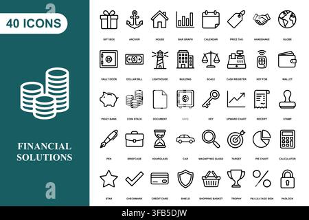 A comprehensive collection of forty linear financial and business icons for professional design projects. Stock Vector