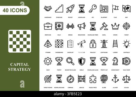 A collection of forty professional business and strategy line art icons for corporate projects and digital design. Stock Vector