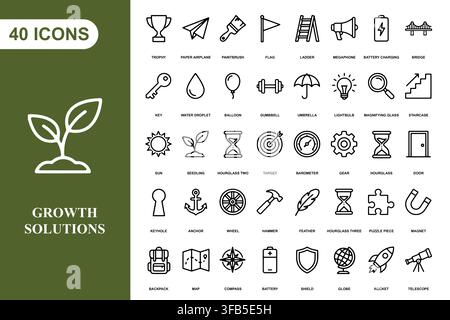 A comprehensive collection of forty linear icons representing business growth, strategy, and professional development. Stock Vector