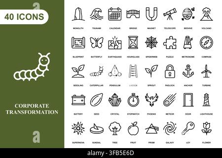 A comprehensive collection of forty linear icons featuring nature, science, and miscellaneous objects. Stock Vector