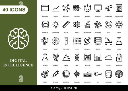 A collection of forty outline icons representing science, technology, research, and digital intelligence concepts. Stock Vector