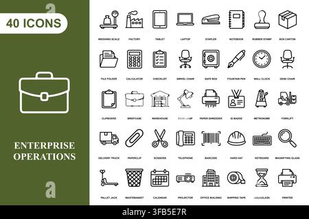 A comprehensive collection of forty professional business and office management line art icons. Stock Vector