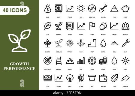 A collection of forty line art icons representing business growth, finance, nature, and strategic development. Stock Vector