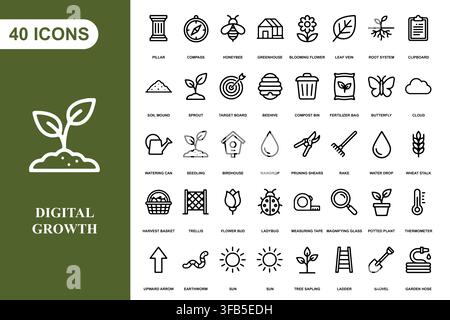 A comprehensive collection of forty gardening, nature, and agriculture line art icons for professional design projects. Stock Vector