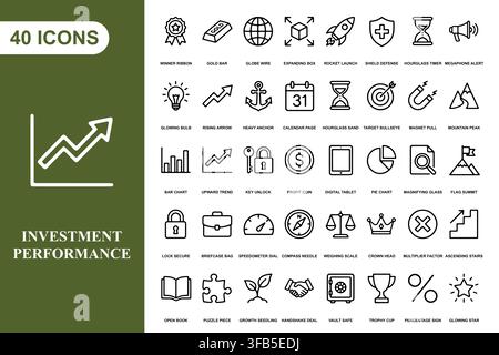 A collection of forty professional line art icons for business, finance, investment, and strategic planning projects. Stock Vector