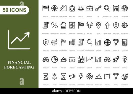 A comprehensive collection of fifty line art icons focused on financial forecasting, business growth, and strategy. Stock Vector