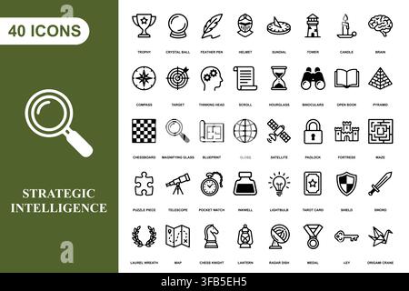 A collection of forty line art icons representing strategy, planning, intelligence, and analytical thinking concepts. Stock Vector