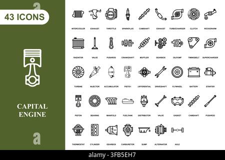 A comprehensive collection of black line icons representing various car engine parts and mechanical components. Stock Vector
