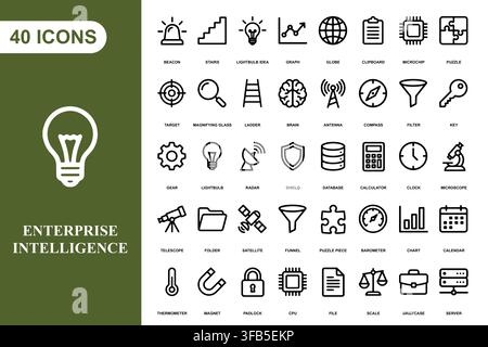 A comprehensive collection of forty line art icons representing business technology and data management concepts. Stock Vector