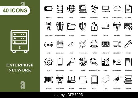 A comprehensive collection of forty linear icons representing enterprise network infrastructure and IT hardware. Stock Vector