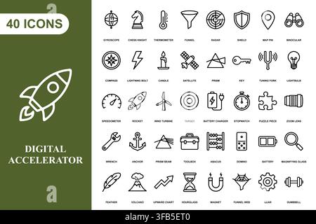 A comprehensive collection of forty line art icons representing various business, technology, and science concepts. Stock Vector