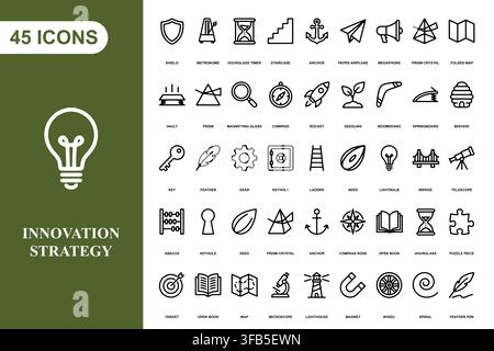 A collection of forty five line art icons representing business innovation, strategy, and creative development concepts. Stock Vector
