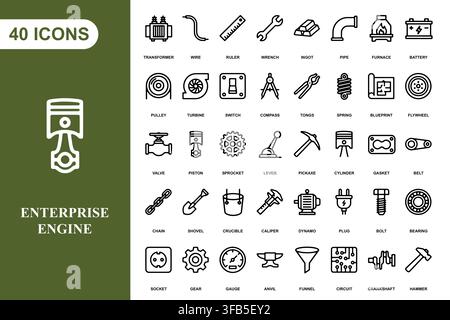 A comprehensive collection of industrial engineering and mechanical equipment line art icons. Stock Vector