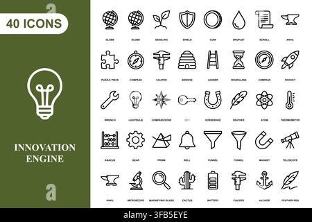 A comprehensive collection of forty linear icons representing science, technology, and innovation concepts. Stock Vector