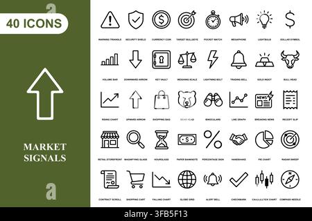 A collection of forty outline business and finance icons representing market trends, trading, and economic analysis. Stock Vector