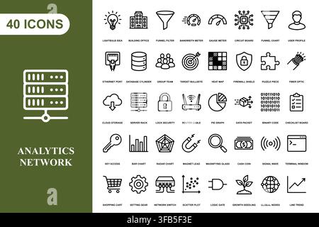A comprehensive collection of forty black line icons for data analytics, networking, and information technology. Stock Vector