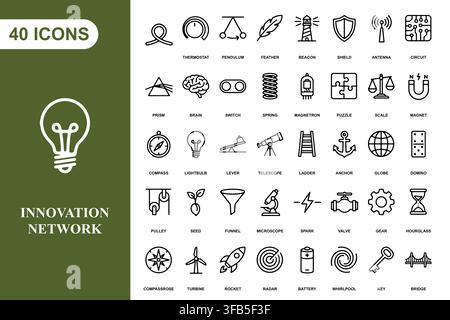 A comprehensive collection of forty linear icons representing science, technology, innovation, and research concepts. Stock Vector