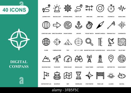 A comprehensive collection of forty line art icons representing navigation, travel, exploration, and outdoor adventure. Stock Vector