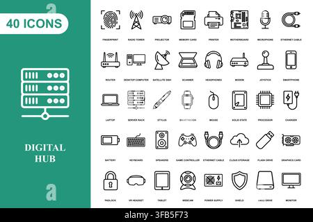 A comprehensive collection of forty digital technology and networking line art icons for modern web design projects. Stock Vector
