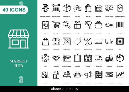 A comprehensive collection of retail and shopping line icons for e-commerce and business applications. Stock Vector